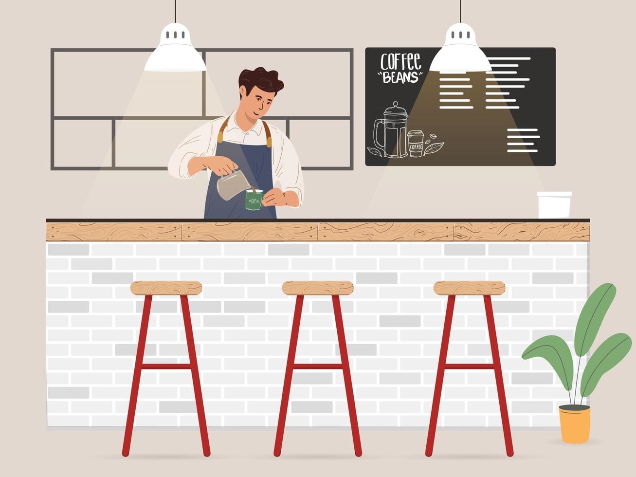 Young male barista making coffee for customer illustration vector