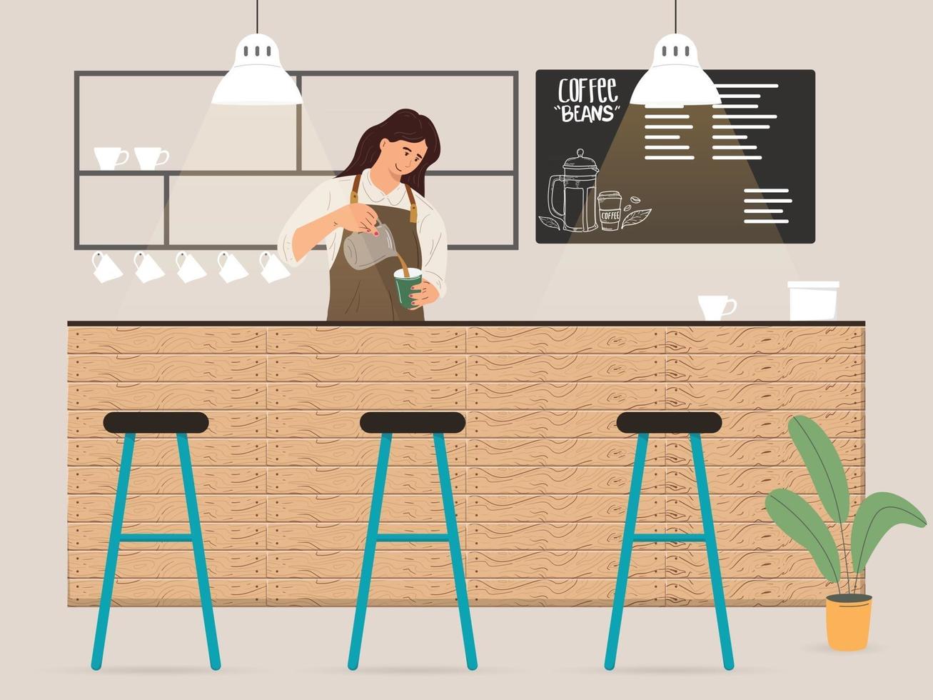 Young female barista making coffee for customer illustration vector