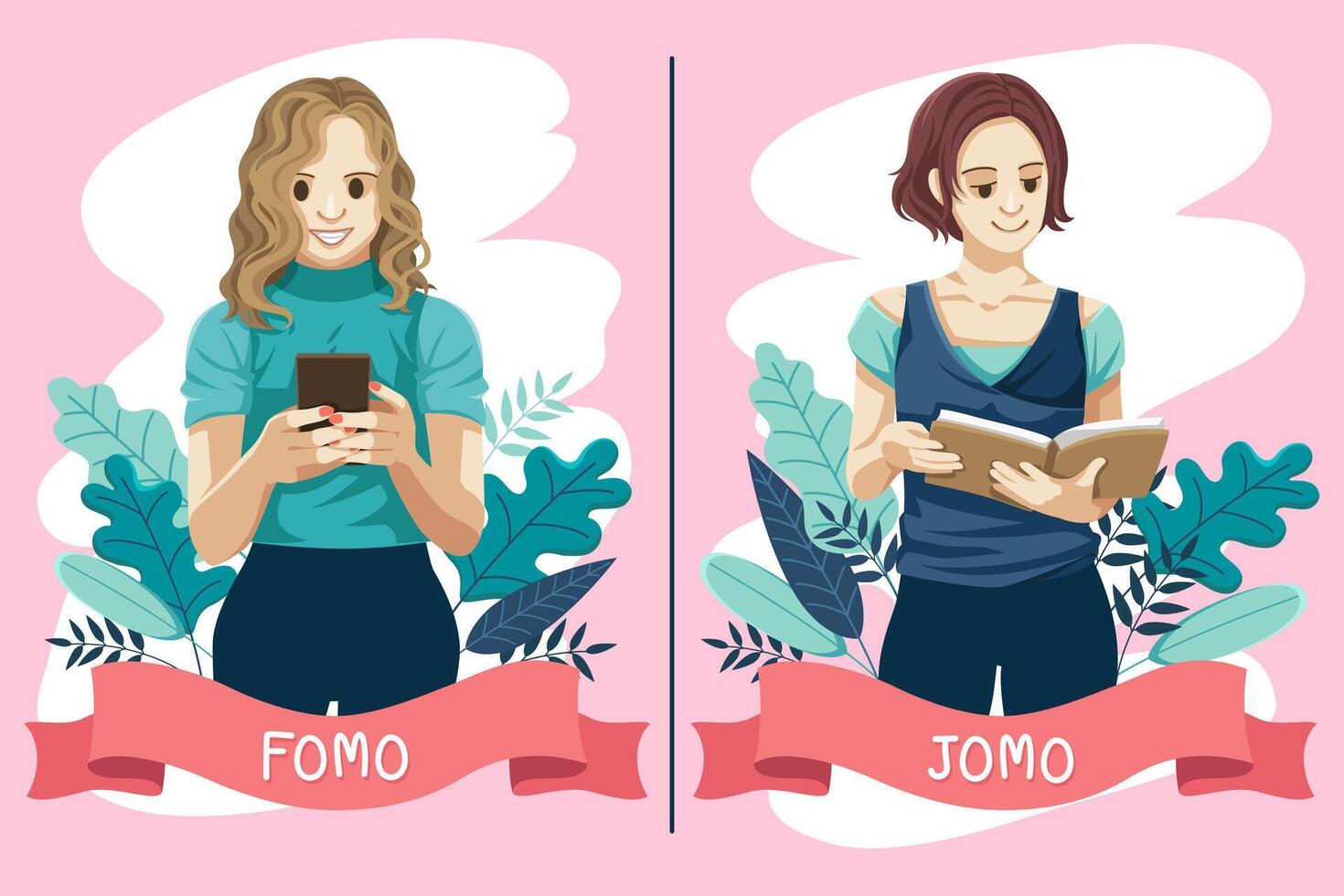 concepto de fomo y jomo. Miedo a perderse, alegría de perderse vector