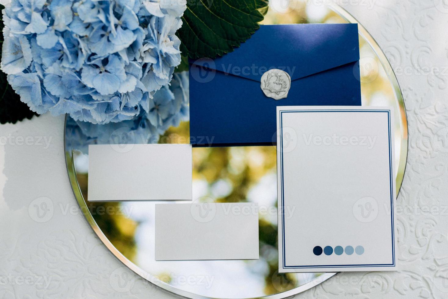 wedding invitation in a gray envelope on a table with green sprigs photo