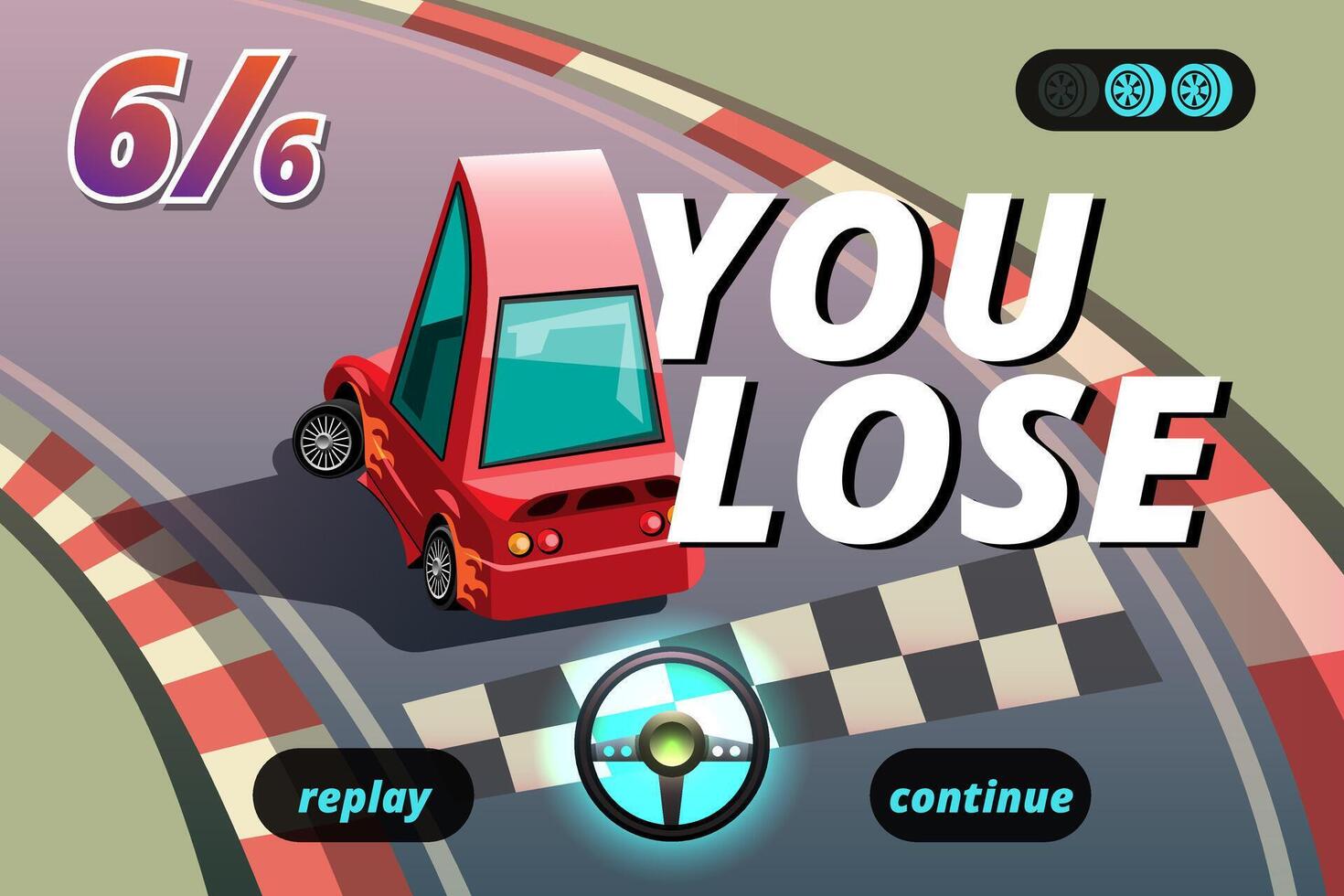 Word in end of sport game racing car. You lose, fail, foul, wrong in game and restart game to new game. vector