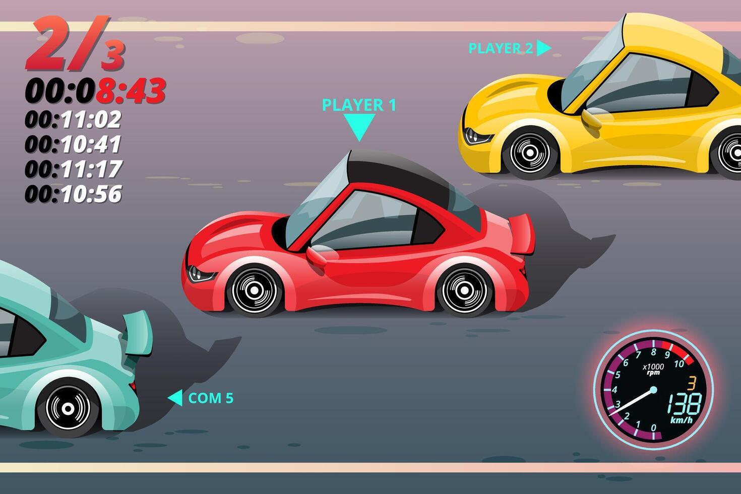 en la competición del juego, el jugador utilizó el coche de alta velocidad para ganar en el juego de carreras. competición e-sport car racing. vector