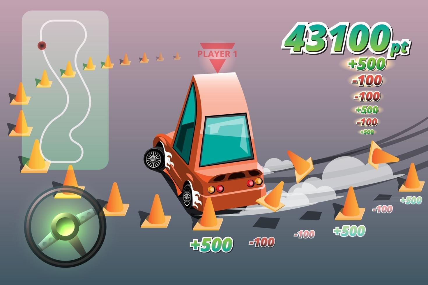 coche quemado, coche deportivo de juego a la deriva por un punto en el juego. ilustración vectorial en diseño de estilo 3d vector