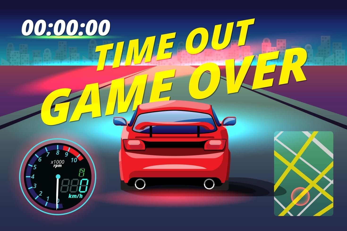 Word in end of sport game racing car. You lose, fail, foul, wrong in game and restart game to new game. vector