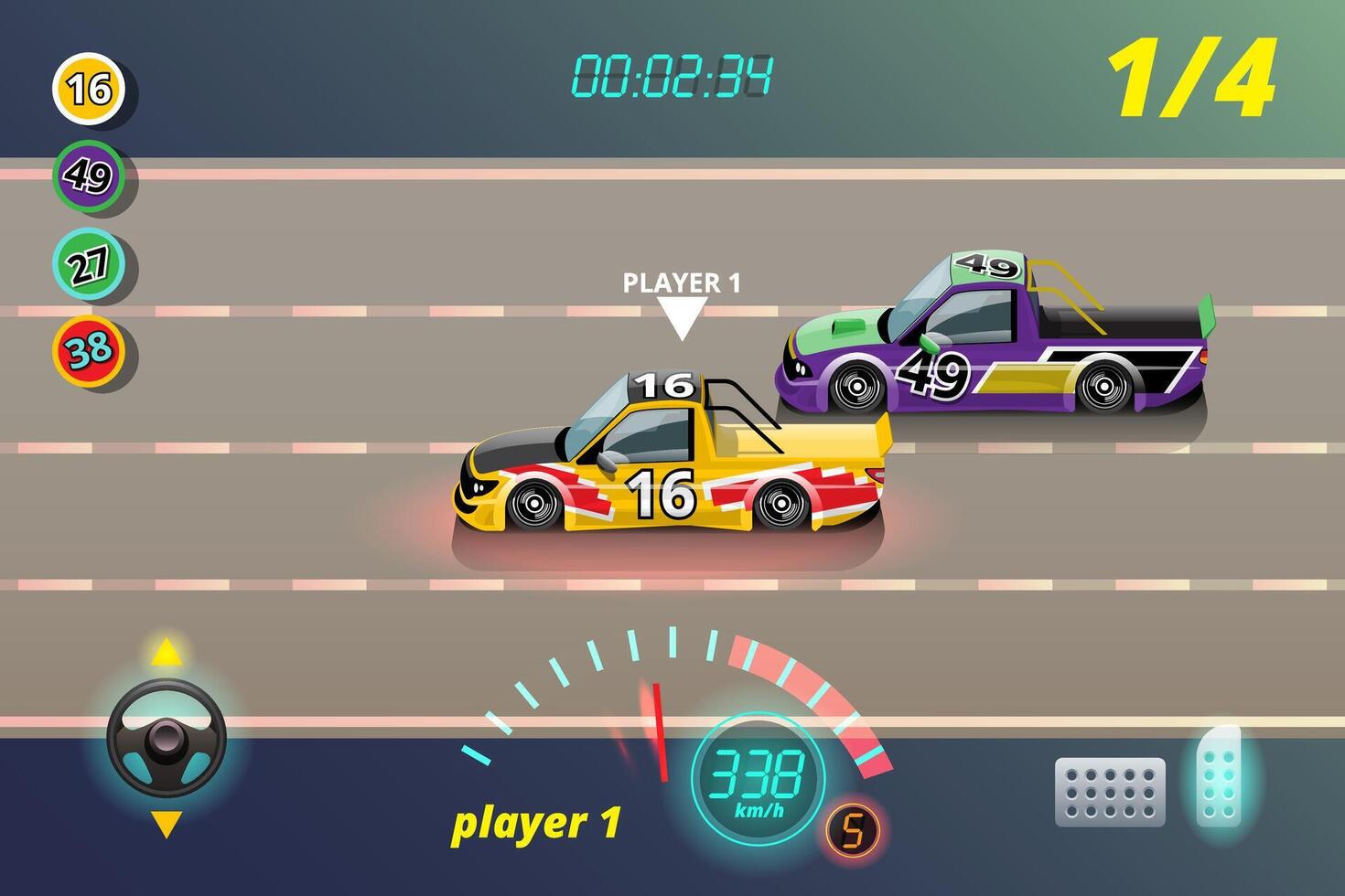 en la competición del juego, el jugador utilizó el coche de alta velocidad para ganar en el juego de carreras. competición e-sport car racing. vector