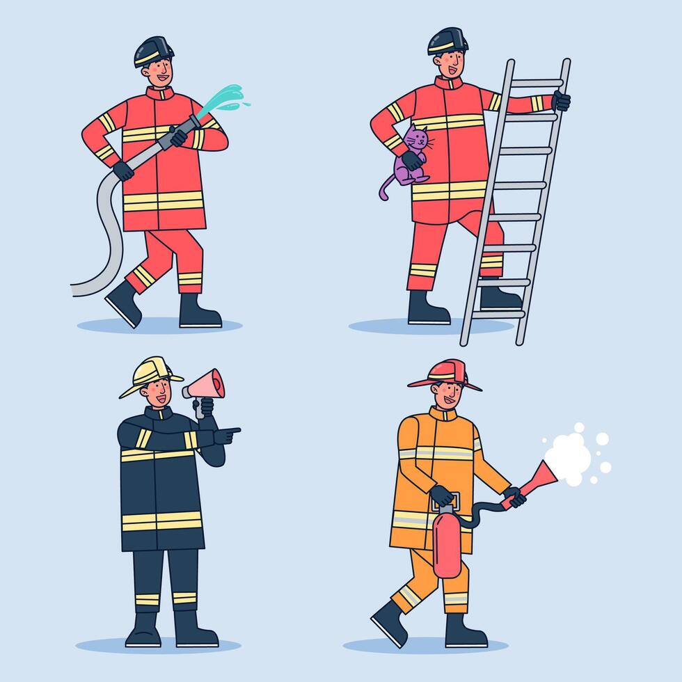 Set of firefighters in various places of fire fighting with equipment vector