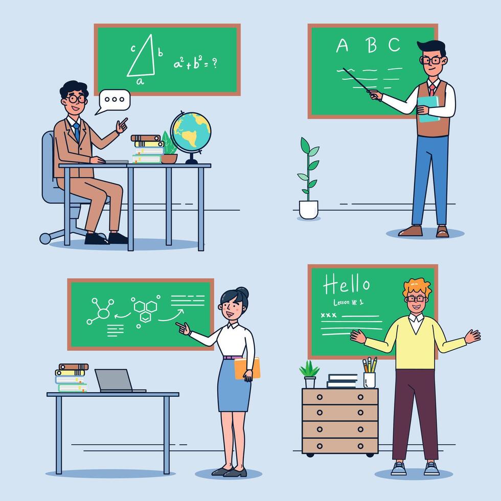 Female and male teacher standing teach math by school chalkboard vector