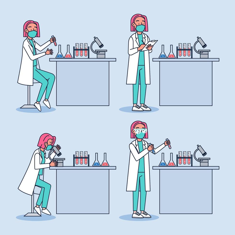 Scientist Lab with Man Character in researching lab researchers working with lab equipment. vector