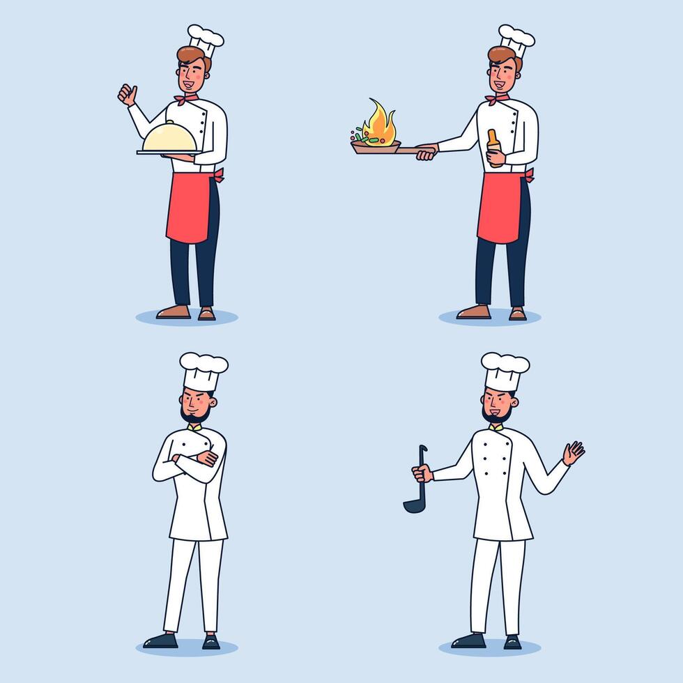 Conjunto de un chef personaje con uniforme de chef y acción de sombrero en varias poses vector