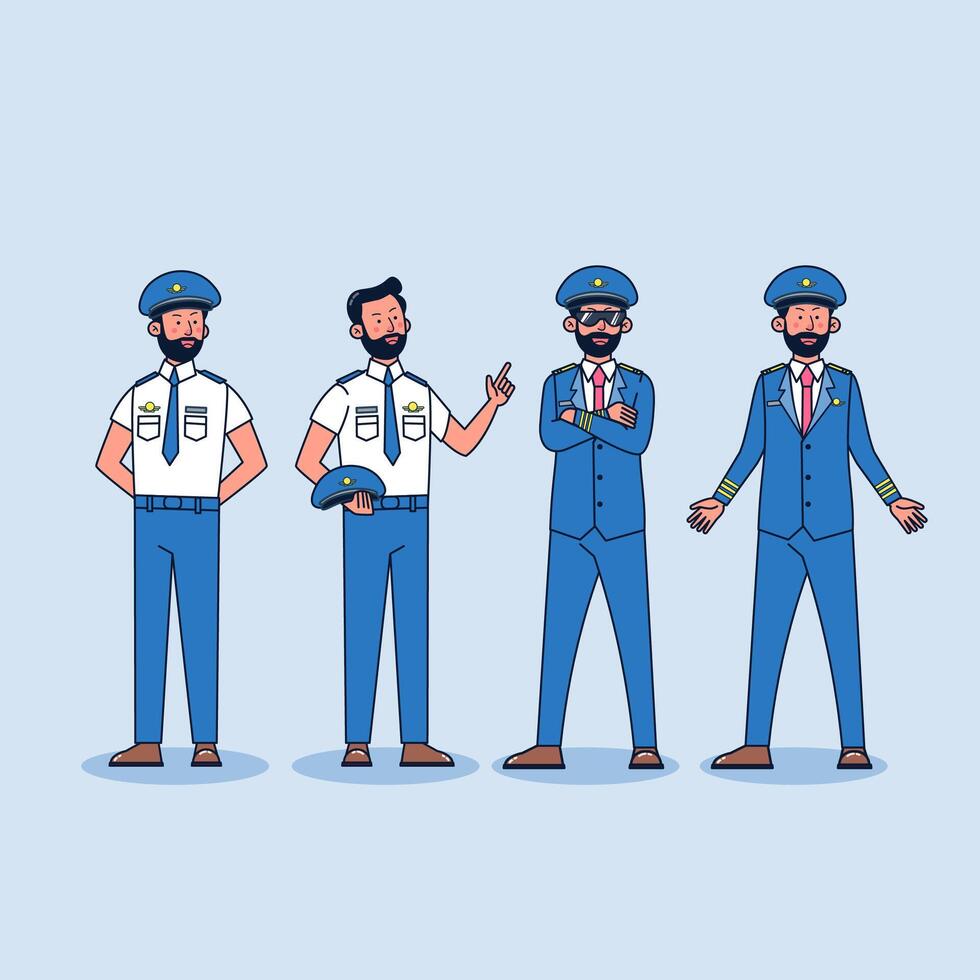 Set of one charactor pilot officer with uniform in various action vector