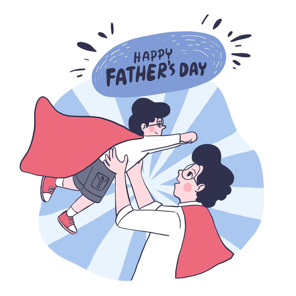 Happy Father's Day Dad is every boy's superhero. Father and son wearing white shirt, gray pants and red shawl on Father's Day. vector