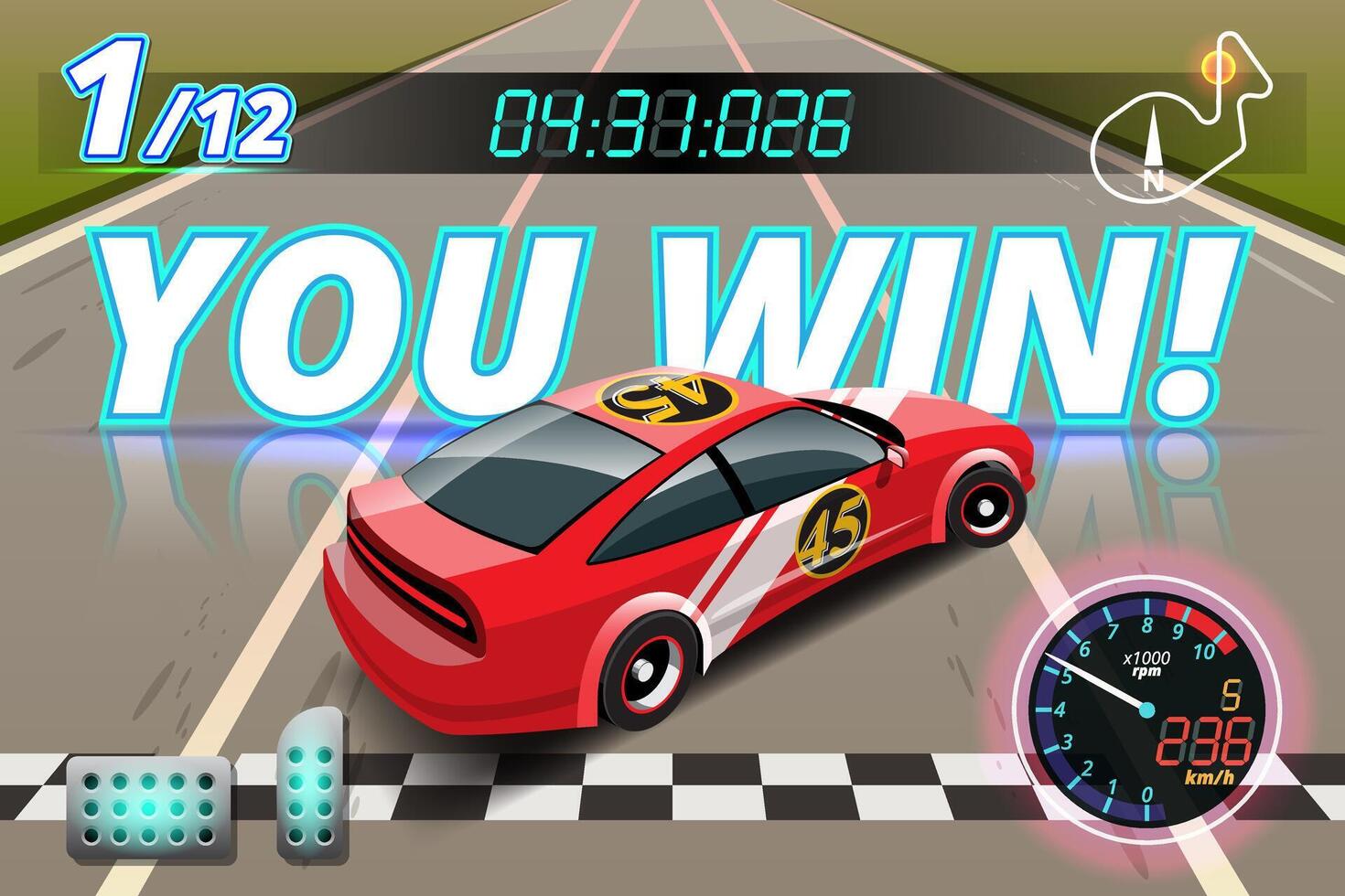 Winner in speed car racing goal in checkered board and first sport checkered flag vector