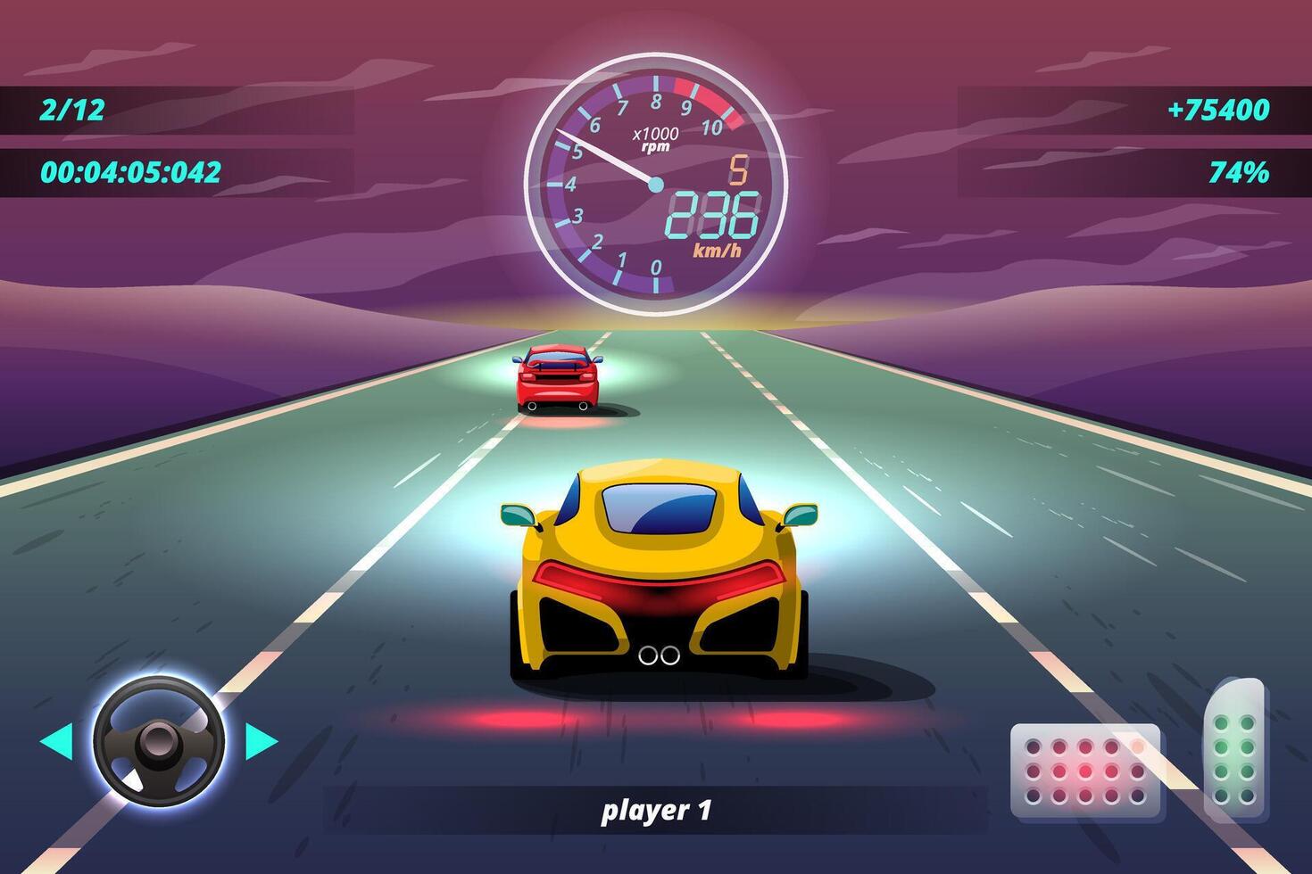 en la competición del juego, el jugador utilizó el coche de alta velocidad para ganar en el juego de carreras. competición e-sport car racing. vector