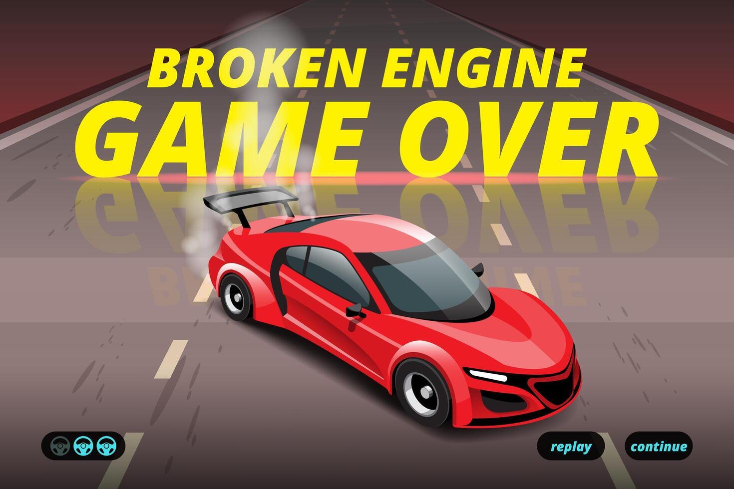 Word in end of sport game racing car. You lose, fail, foul, wrong in game and restart game to new game. vector