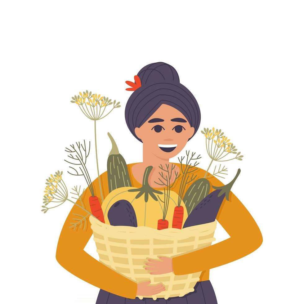 Happy woman with a basket of autumn vegetables vector