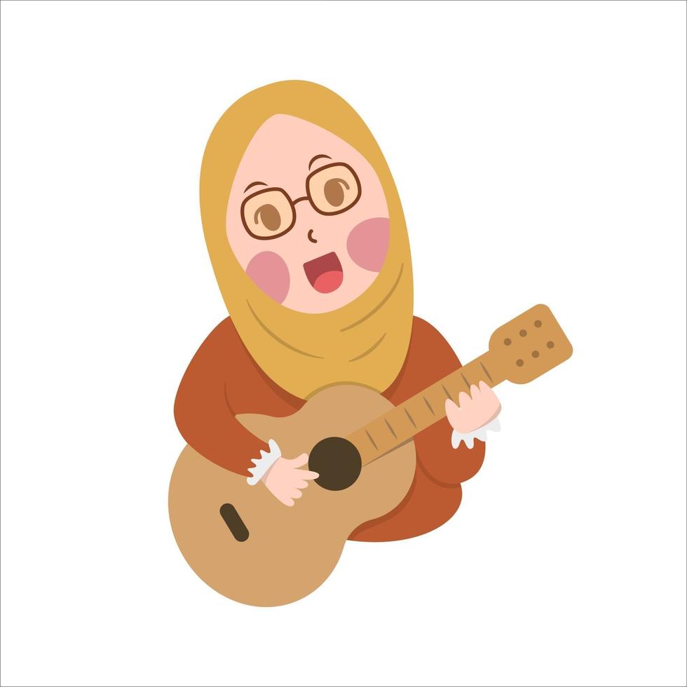 Happy Cute Girl Hijab Playing guitar and singing vector cartoon flat design illustration