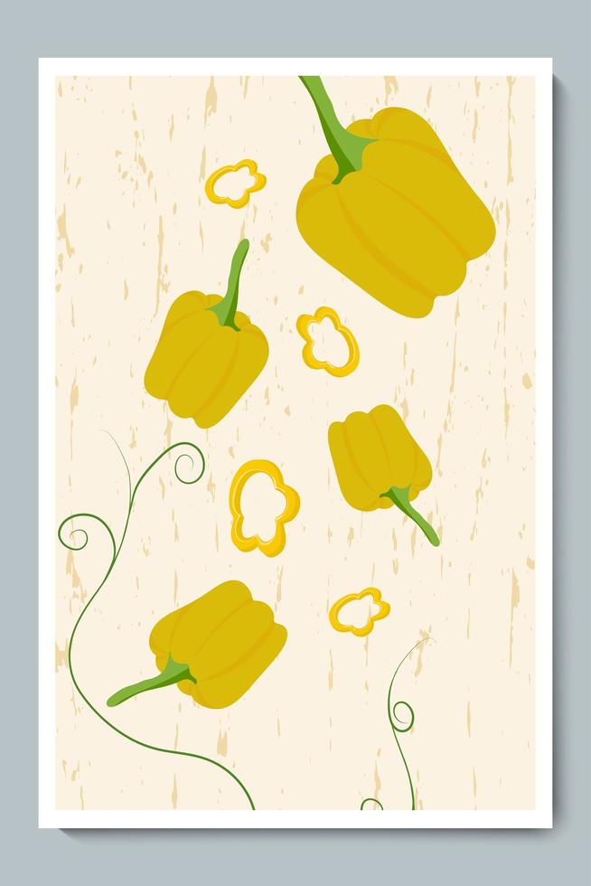 cartel de anillos de pimentón y pimiento en rodajas. Verduras amarillas minimalistas con piezas y textura de fondo. vector