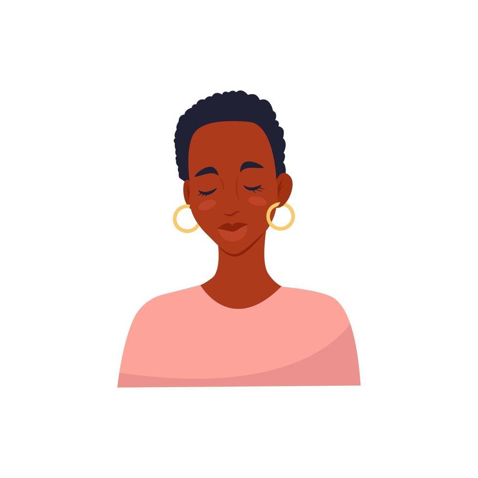 mujer africana con corte de pelo corto con los ojos cerrados, ilustración vectorial en estilo plano, dibujos animados vector