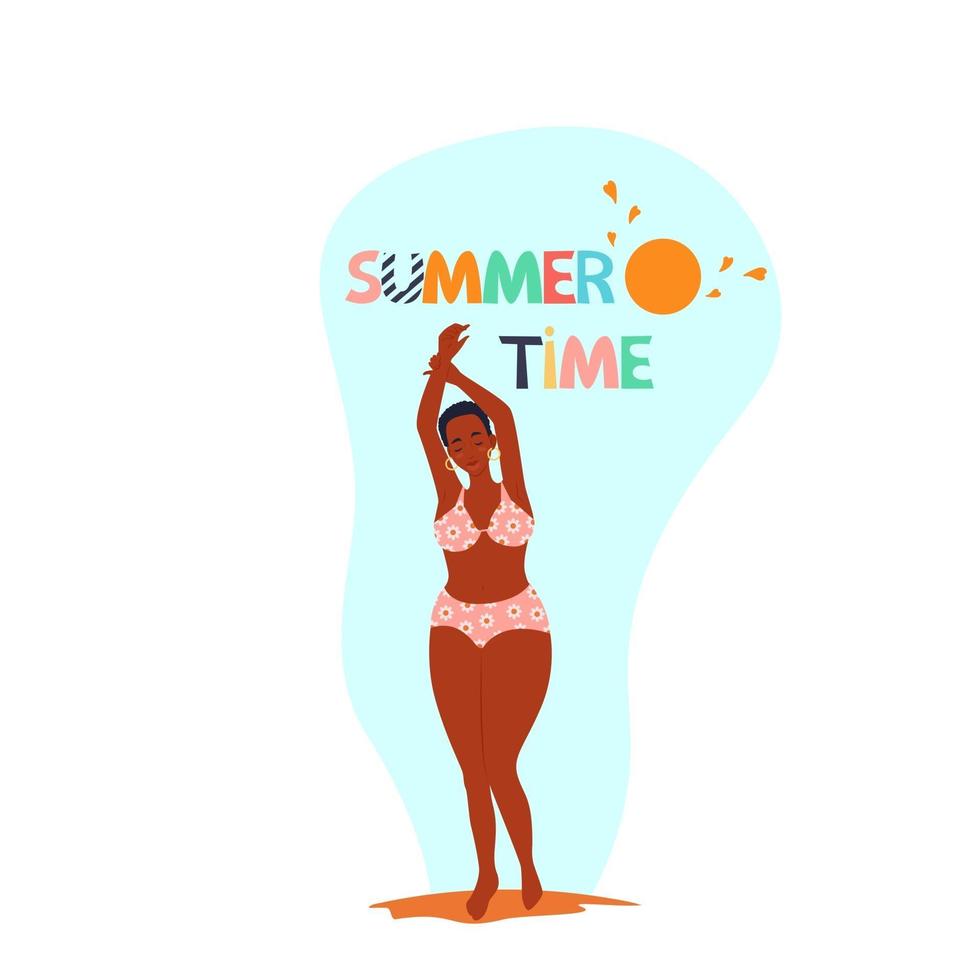 African american woman with closed eyes in swimsuit with arms raised enjoys summer, lettering summer time, vector illustration in flat style. Cartoon.