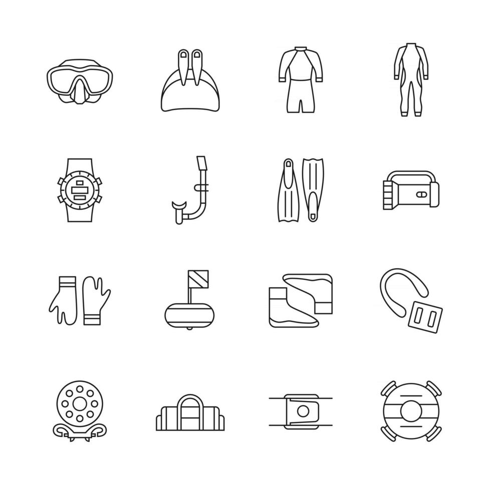 Freediving icons. Flippers, mask, wetsuit and other diving equipment. Vector illustration on thin line style isolated on white background for infographics or web use. Editable stroke