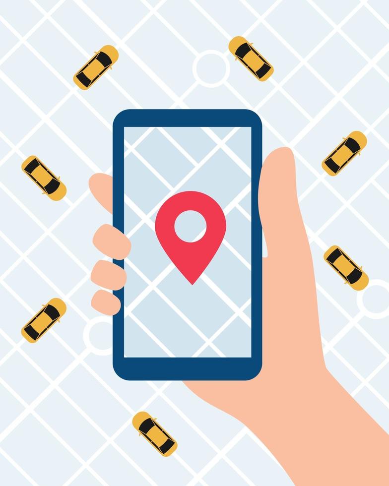 Online Taxi service app. Hand with smartphone and taxi application on city map background. Vector illustration in flat style