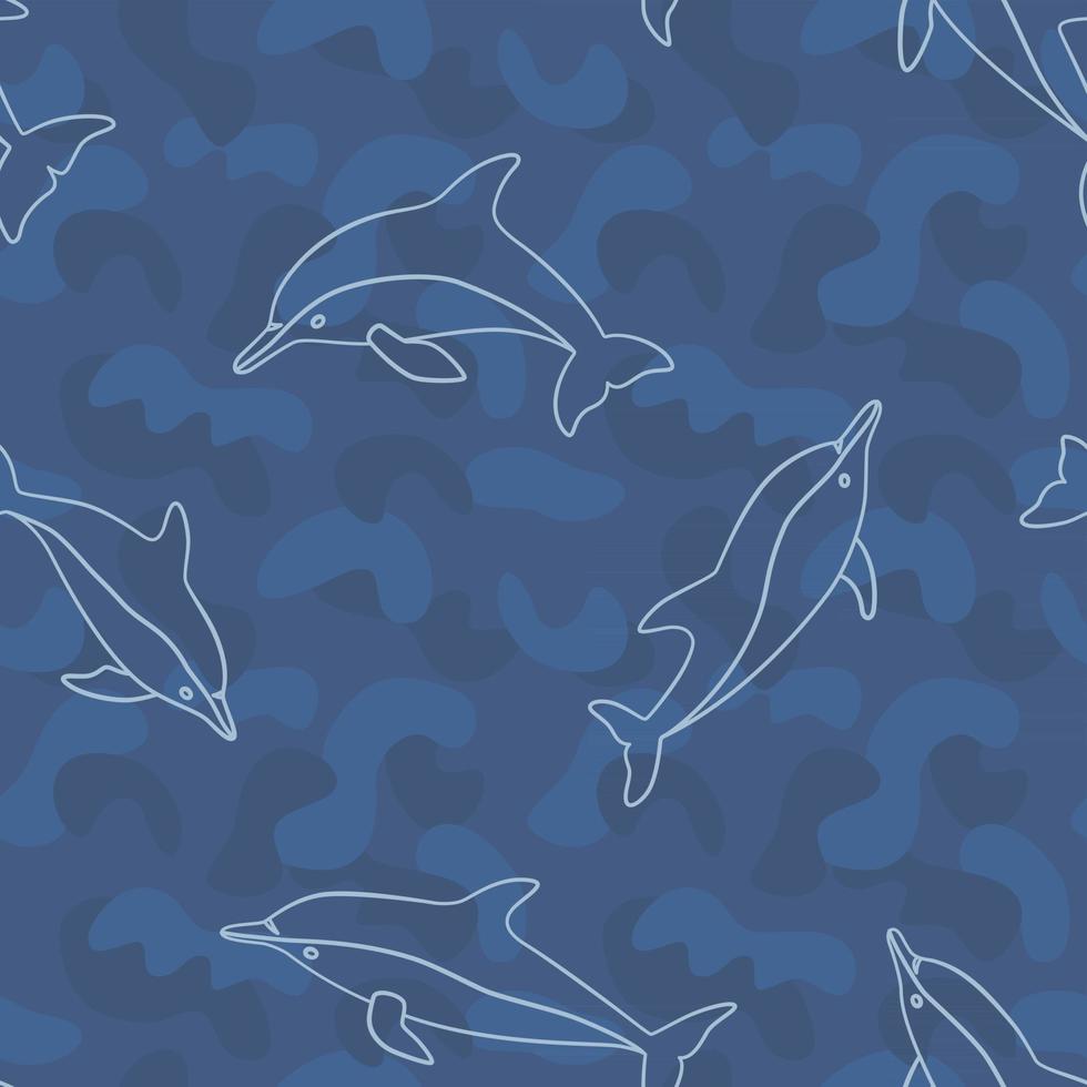 Dolphin seamless pattern in doodle and line style on blue military background. Vector illustration