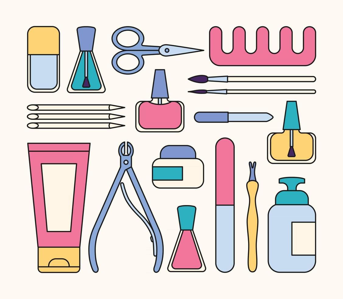 Manicure tools and accessories. A set of elements on the topic of nail manicure. Vector illustration in flat minimal style