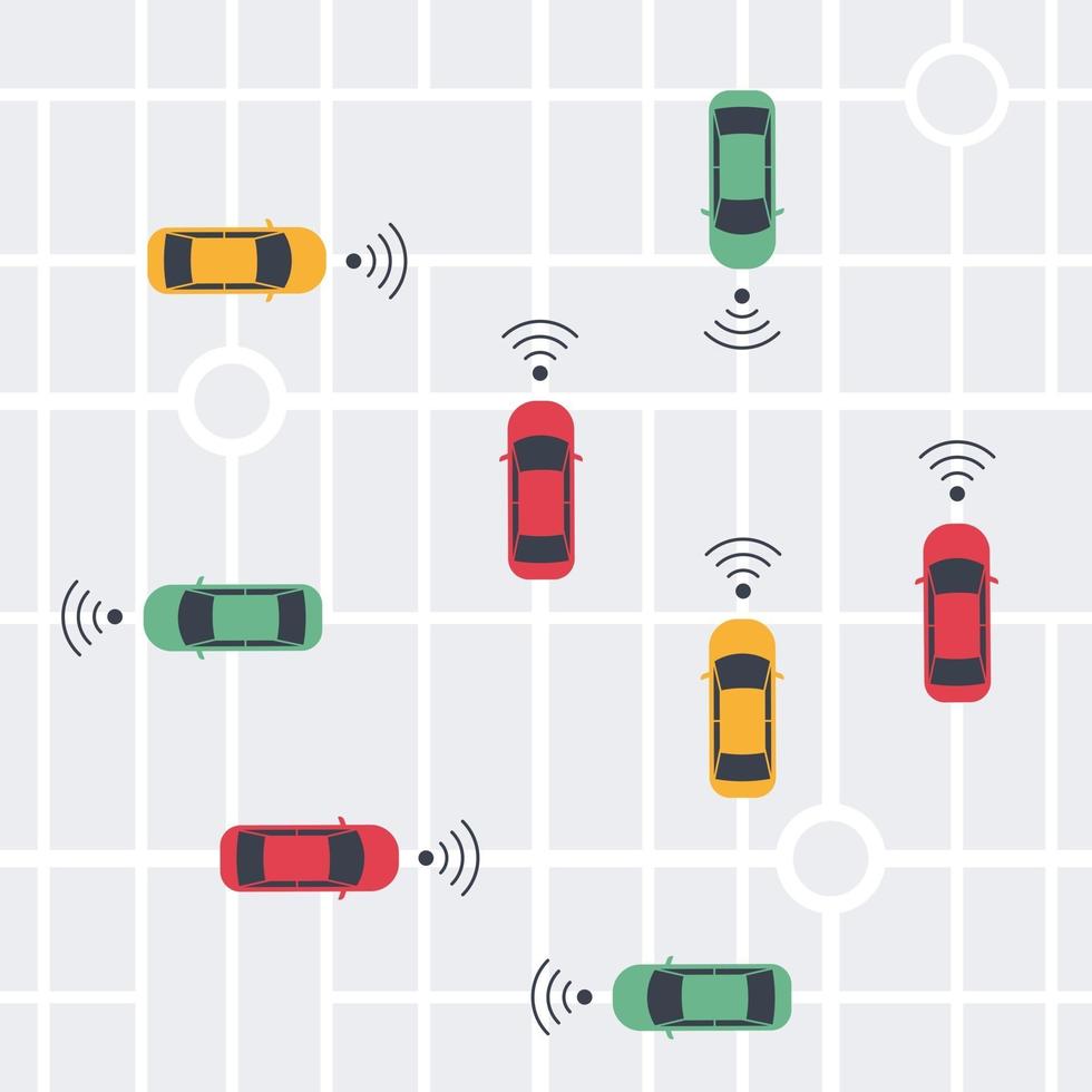 Driverless smart Car, autonomous vehicle, auto with autopilot with wireless waves and city map background. Top view. Vector illustration in flat style