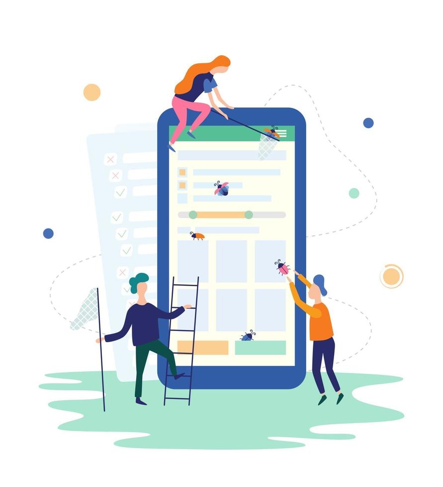 People catching bugs on the mobile app. IT software application testing, quality assurance, QA team and bug fixing concept. Vector illustration in flat style on white background