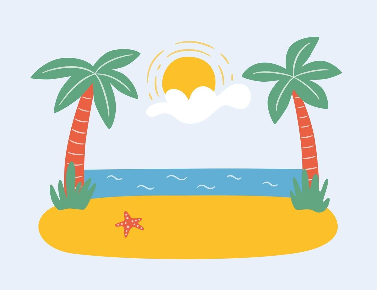 palmeras en la playa junto al mar. paraíso de verano en los trópicos. dibujado a mano ilustración vectorial vector