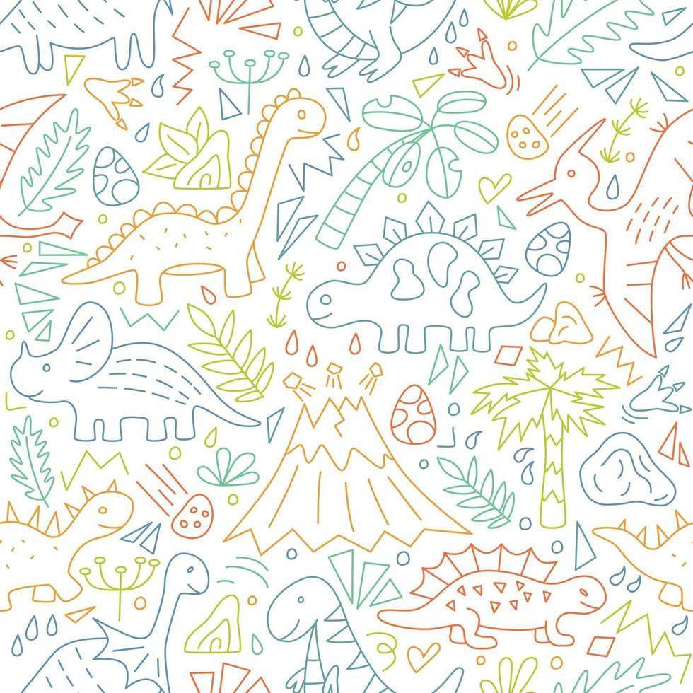 Cute doodle Dinosaurs. Dino colorful seamless pattern. Hand drawn vector illustration on white background