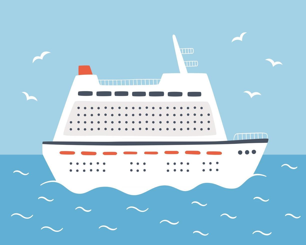 A large cruise ship sails on the sea. Travel on an ocean liner. Hand drawn vector illustration