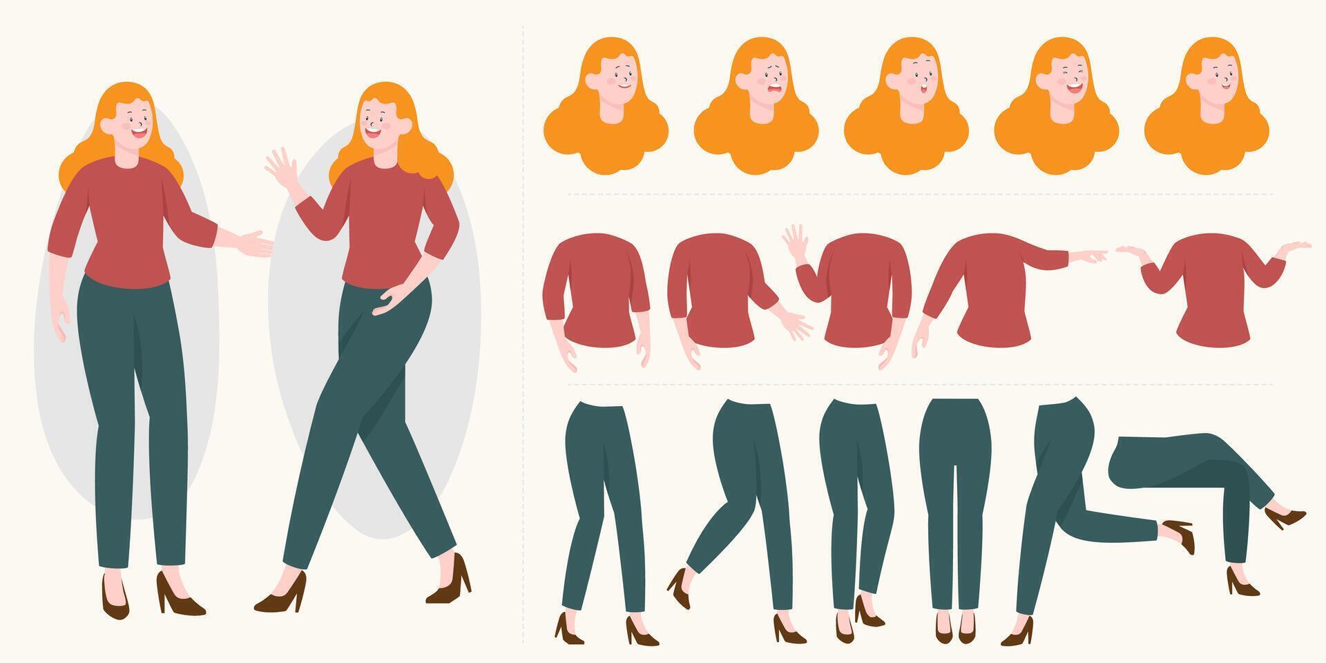 Pretty young woman constructor in flat style. Parts of body legs and arms , face emotions. Vector cartoon girl character