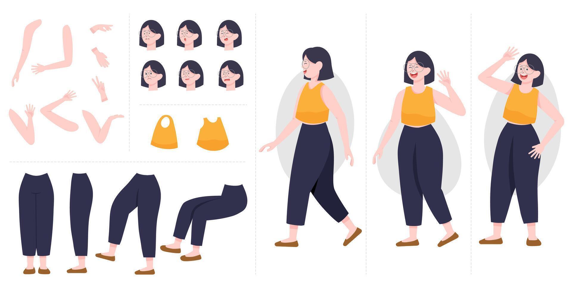 Pretty young woman constructor in flat style. Parts of body legs and arms , face emotions. Vector cartoon girl character
