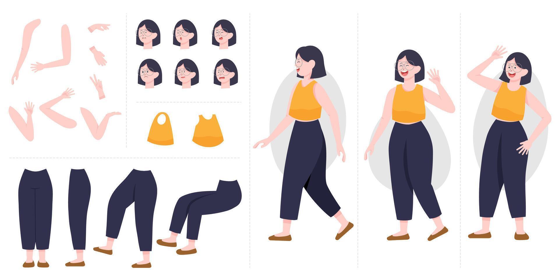 constructor de mujer joven y bonita en estilo plano. partes del cuerpo, piernas y brazos, enfrentan emociones. personaje de niña de dibujos animados de vector