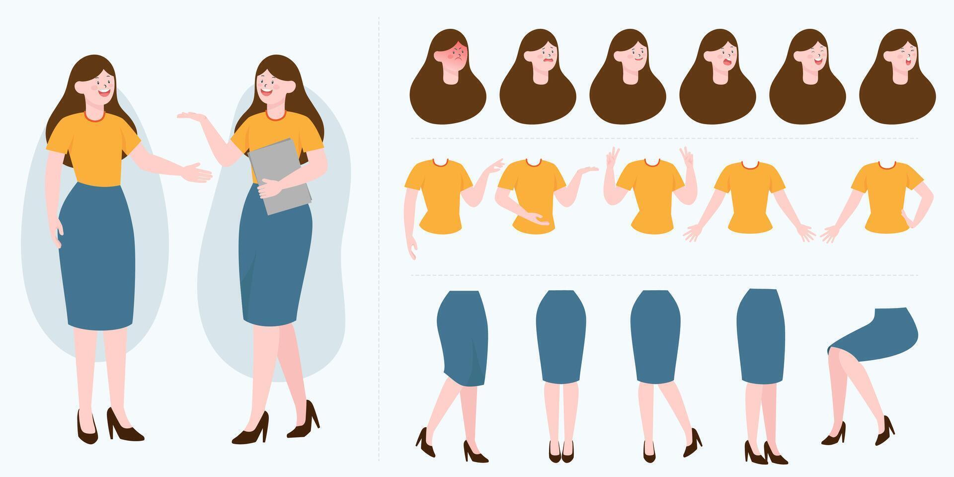 Pretty young woman constructor in flat style. Parts of body legs and arms , face emotions. Vector cartoon girl character