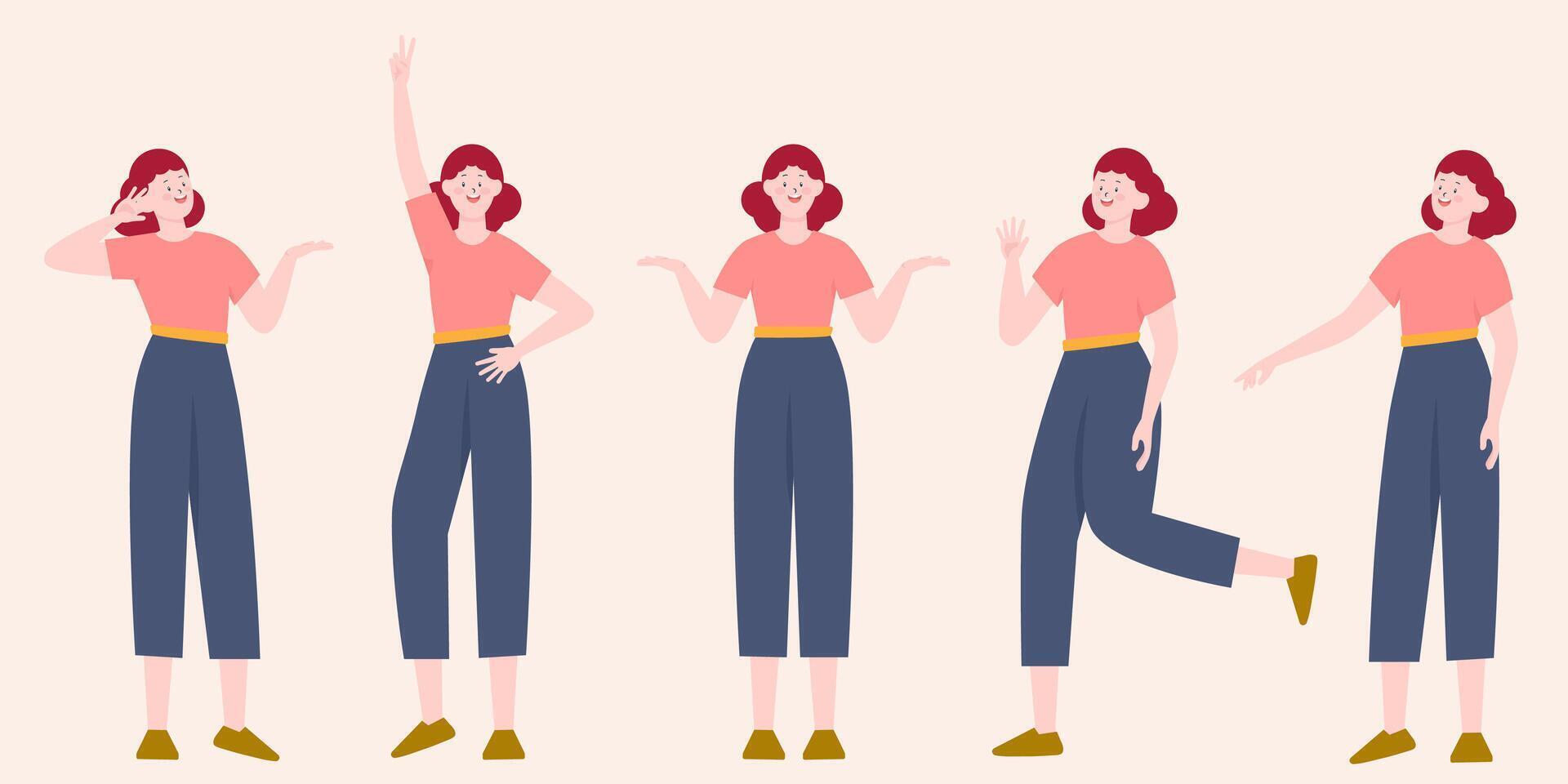 constructor de mujer joven y bonita en estilo plano. partes del cuerpo, piernas y brazos, enfrentan emociones. personaje de niña de dibujos animados de vector