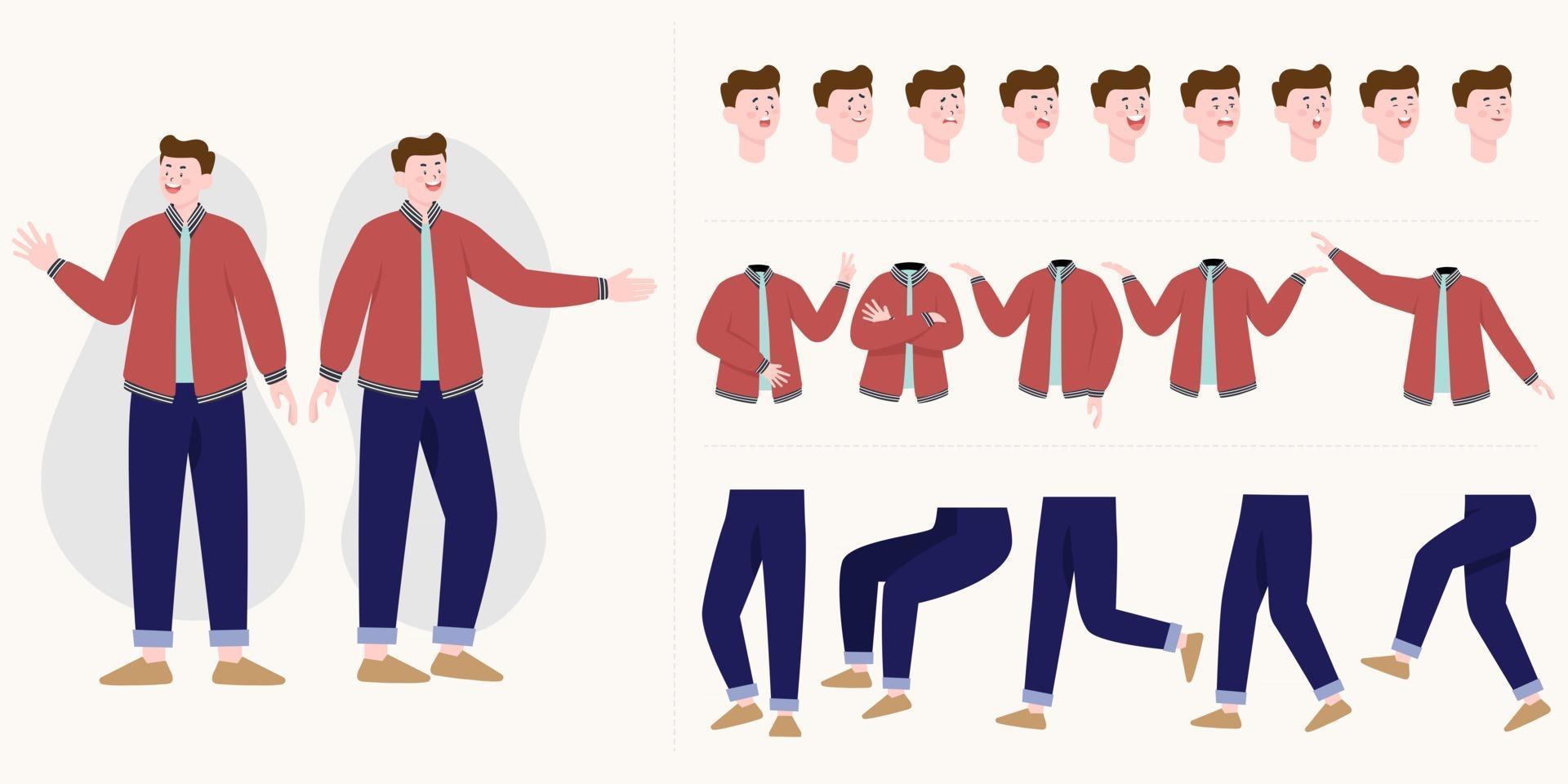 Handsome man constructor in flat style. Parts of body legs and arms , face emotions, haircuts and hands gestures. Vector cartoon Man character