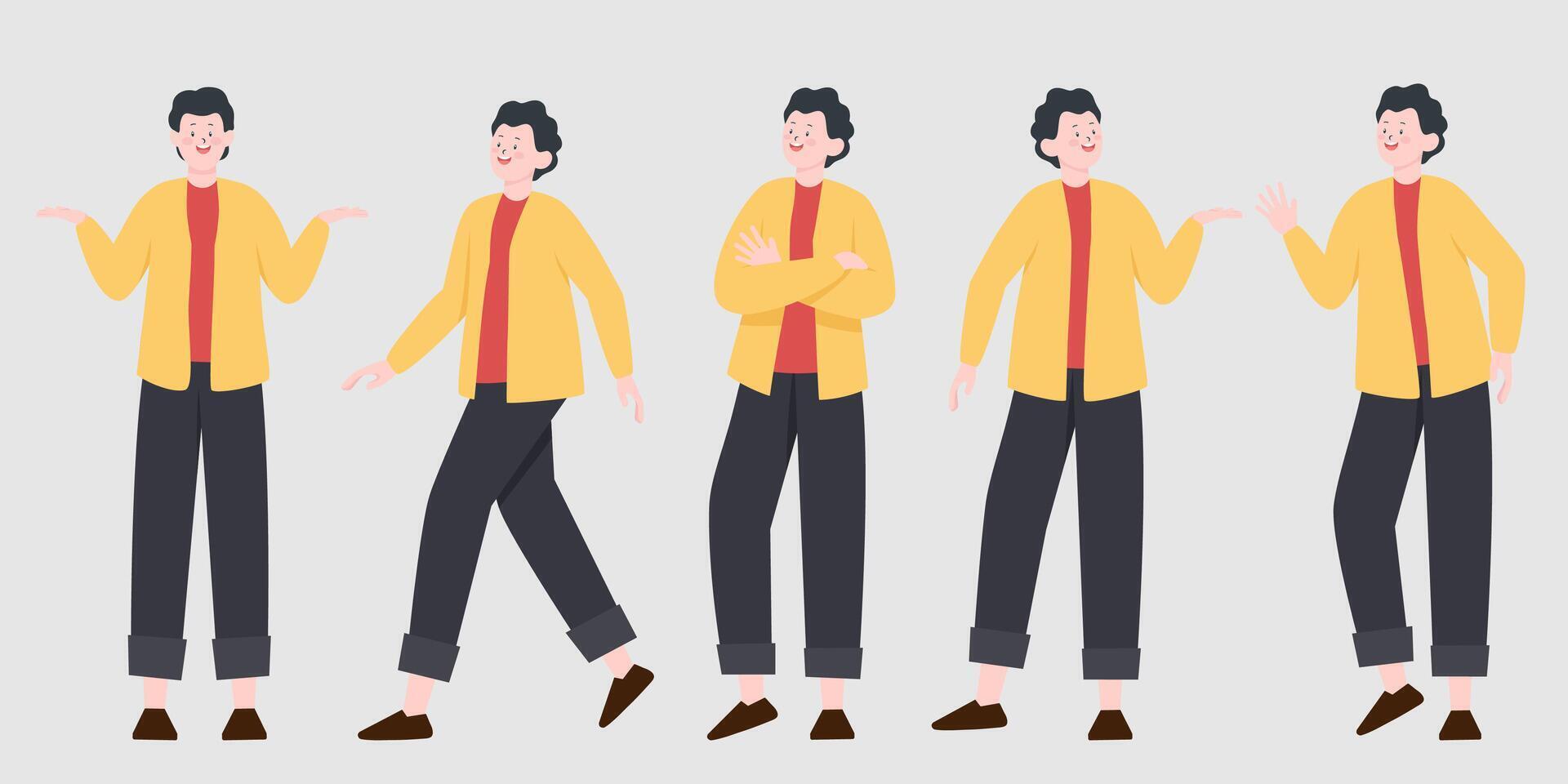 constructor de hombre guapo en estilo plano. partes del cuerpo, piernas y brazos, emociones faciales, cortes de pelo y gestos con las manos. personaje de hombre de dibujos animados de vector