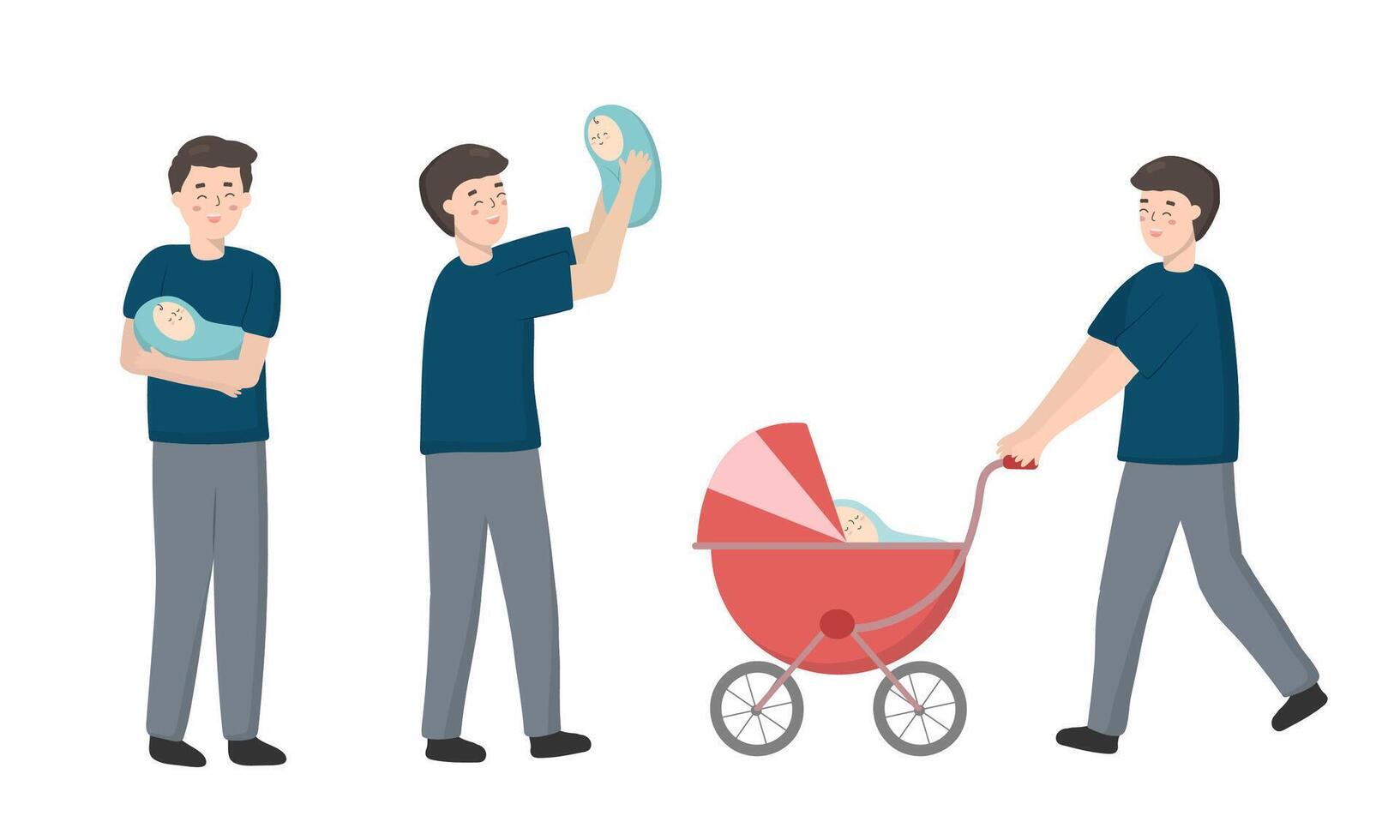 The new father had a daughter. He likes to hold the baby and take the baby in the stroller for a walk. vector