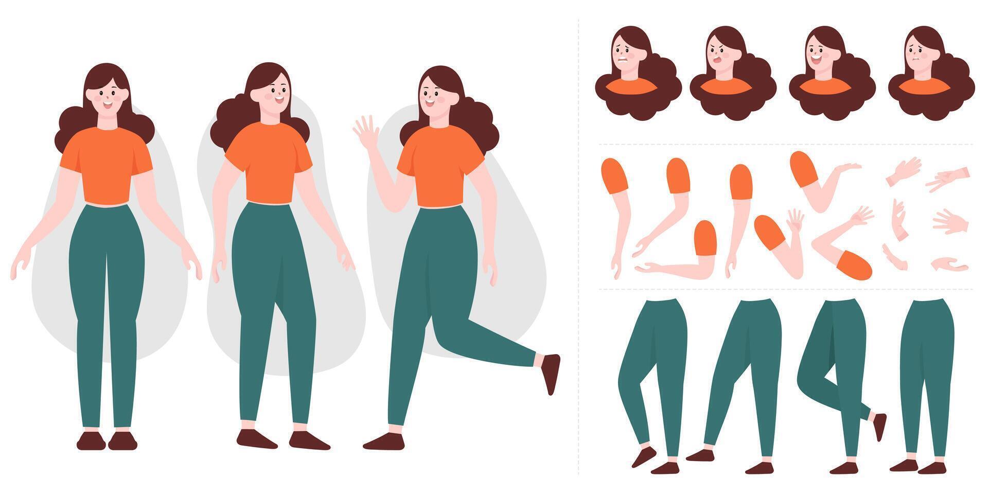 constructor de mujer joven y bonita en estilo plano. partes del cuerpo, piernas y brazos, enfrentan emociones. personaje de niña de dibujos animados de vector