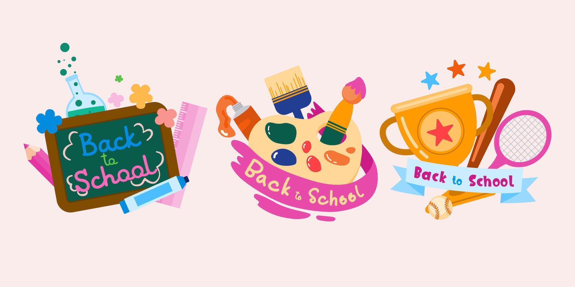 Welcome Back to school with funny school characters flat vector illustration.