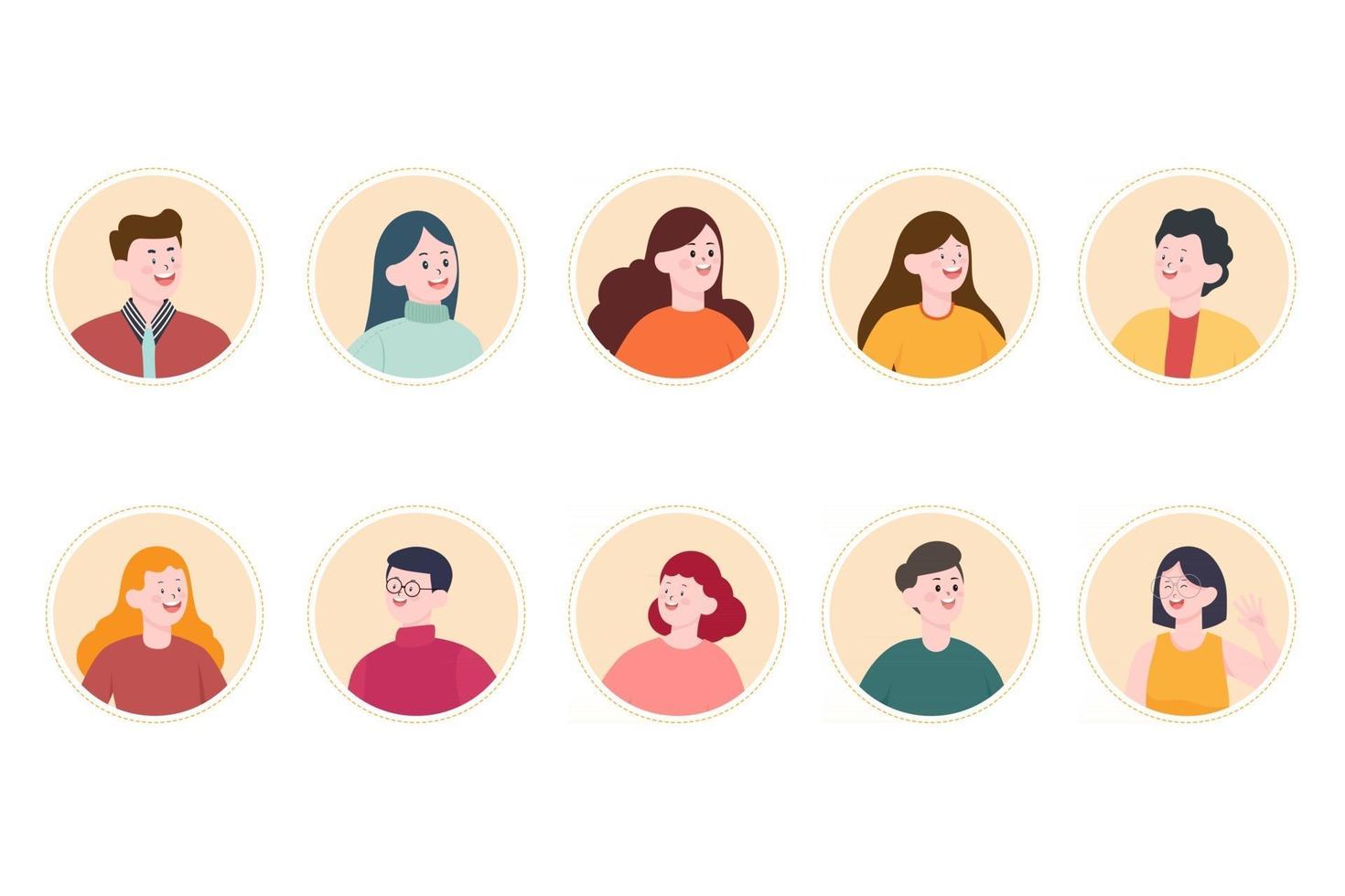 conjunto de avatar de personas sonrientes. colección de personajes de hombres y mujeres diferentes. vector