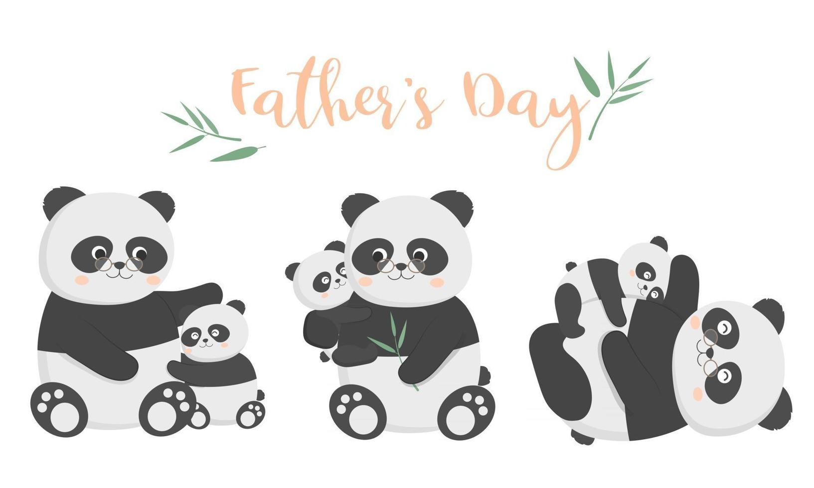 Papá panda está feliz con su bebé en el día del padre, se abrazaron y jugaron felices. vector