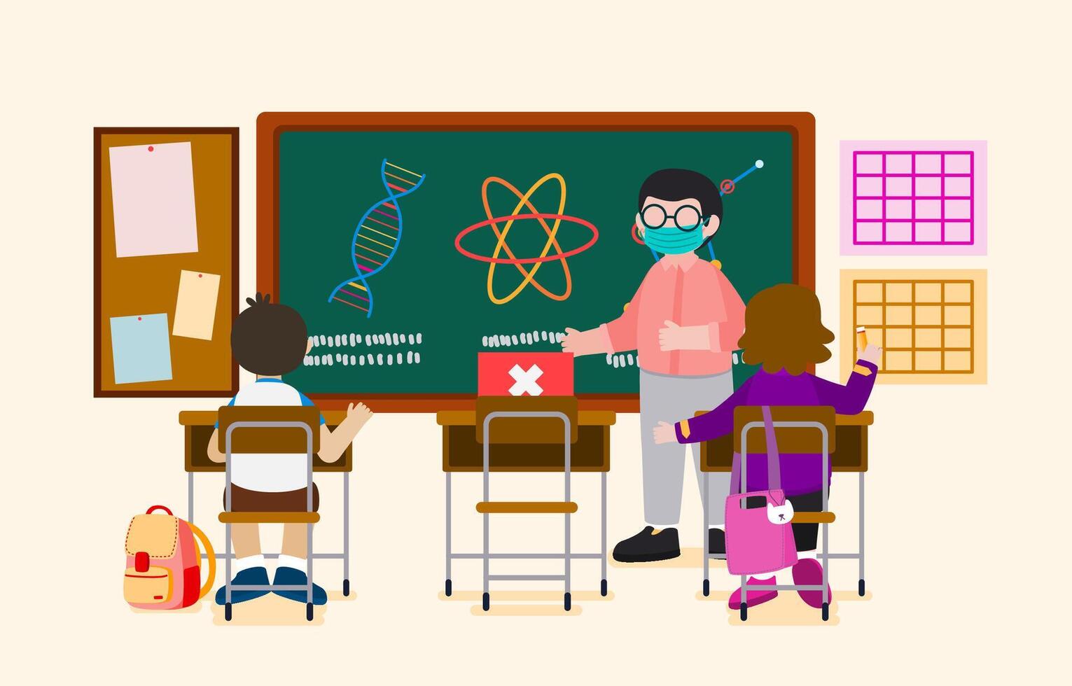 Welcome Back to school with funny school characters flat vector illustration.