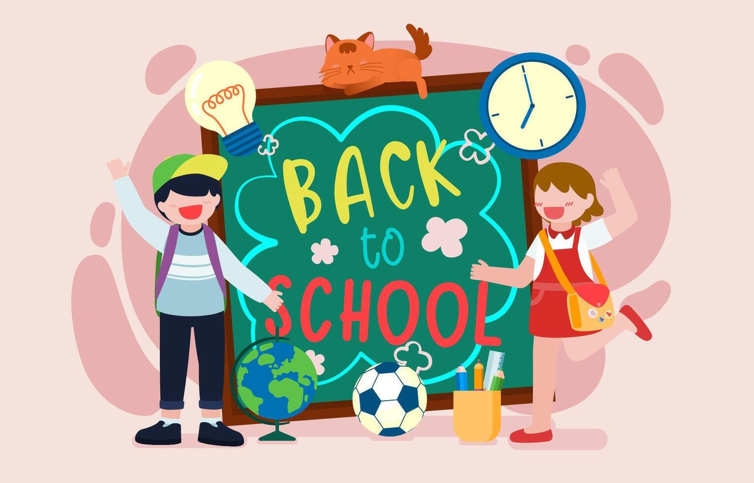 Welcome Back to school with funny school characters flat vector illustration.