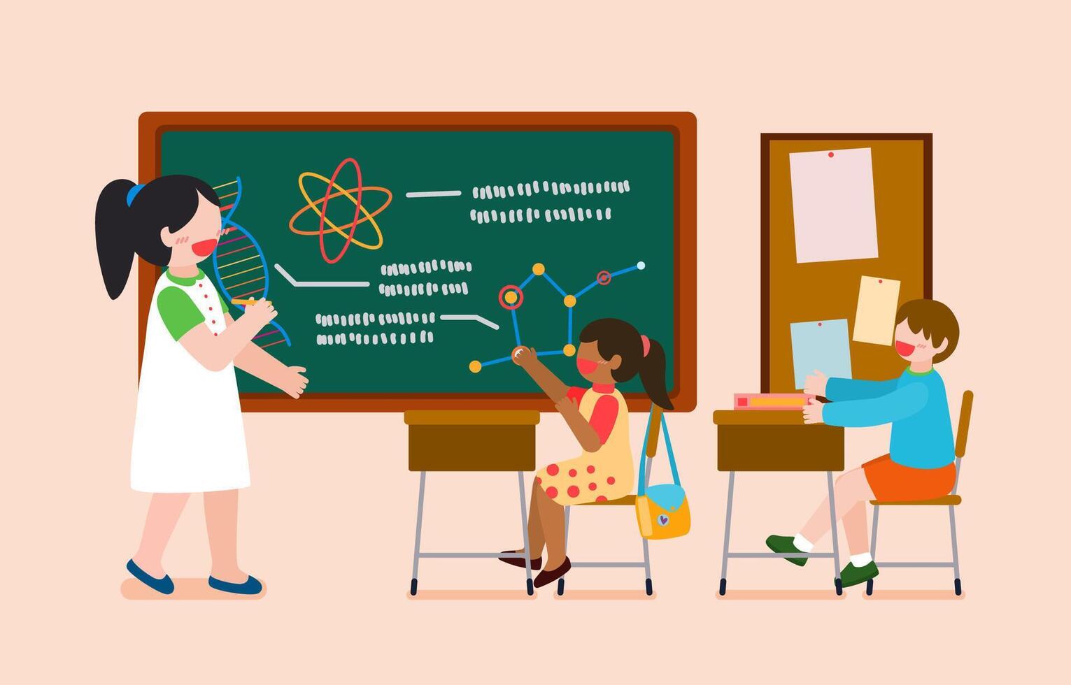 Welcome Back to school with funny school characters flat vector illustration.