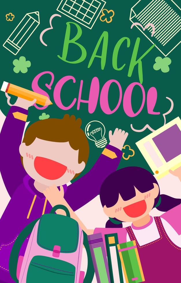 Welcome Back to school with funny school characters flat vector illustration.