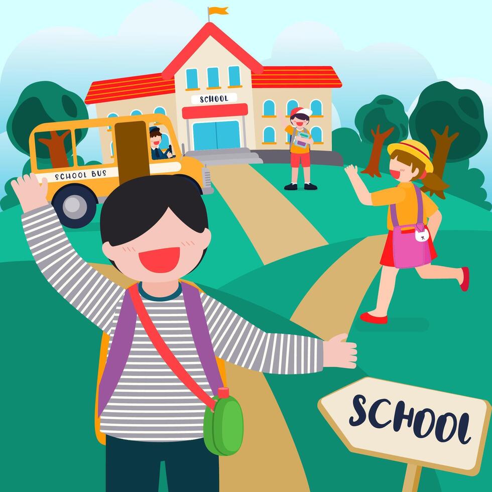 Welcome Back to school with funny school characters flat vector illustration.