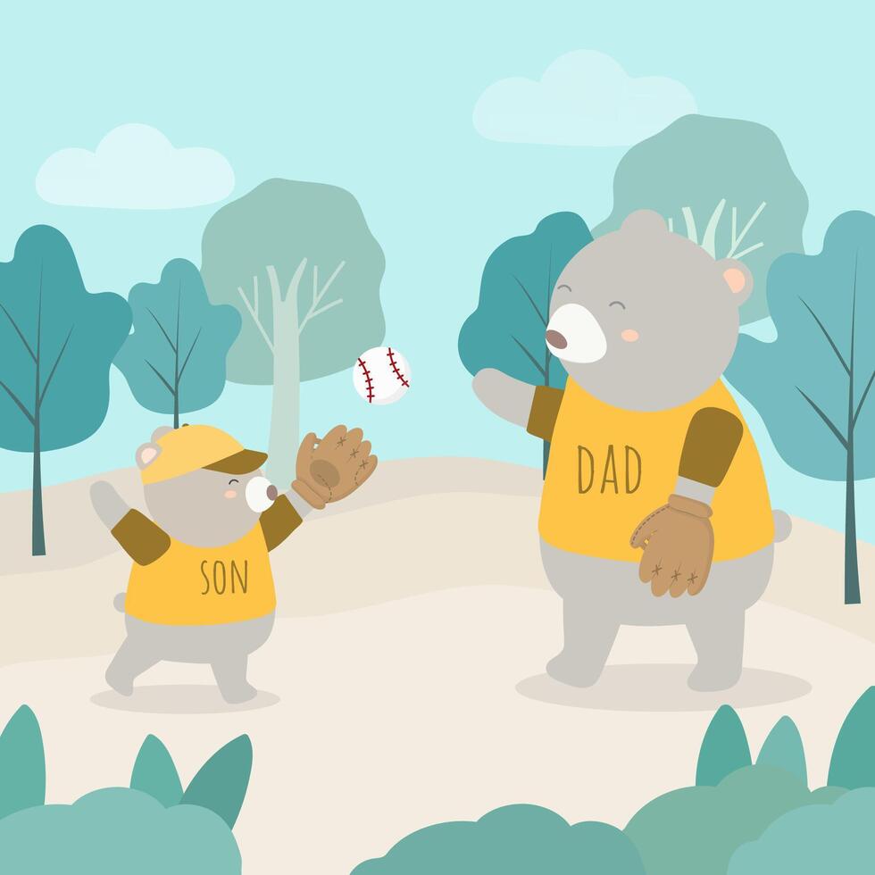 Father Bear plays baseball with Cubs in the forest in father's day. vector